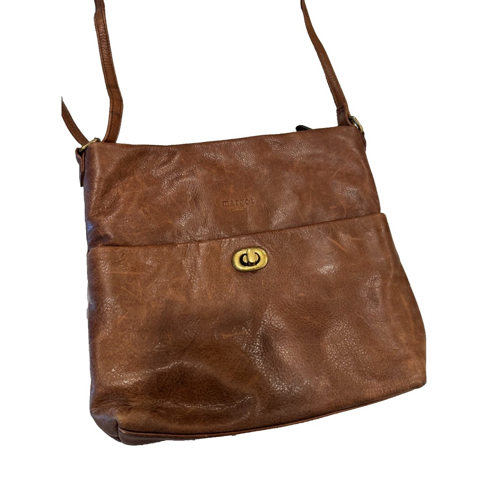 Margot New York Women's Medium Brown Leather Turnlock Adjustable Strap Crossbody